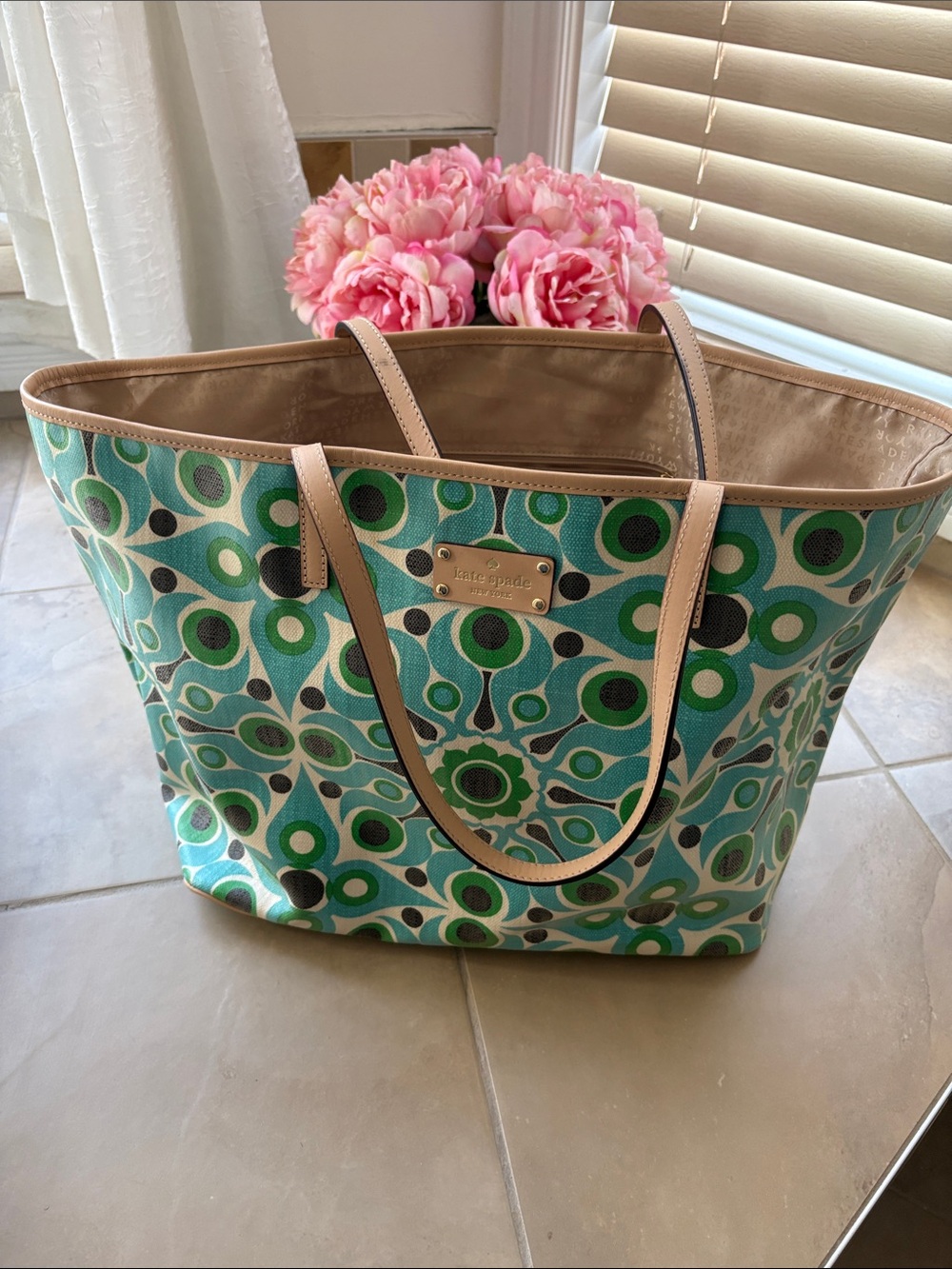 kate spade Green and Tan Geometric Canvas Tote
